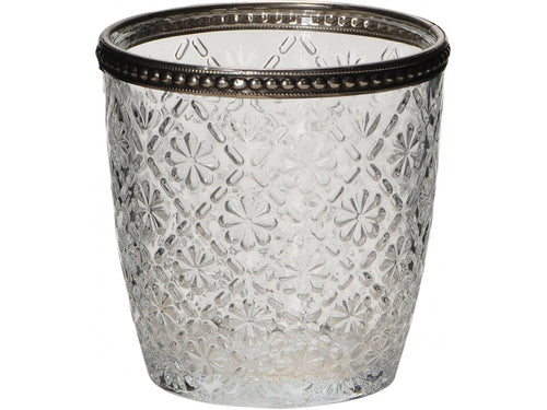 Vintage Style Glass Tealight Holder with embellished silver metal edging