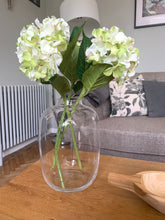 Load image into Gallery viewer, Tall curved glass vase styled on a coffee table with 3 hydrangea blooms placed in it
