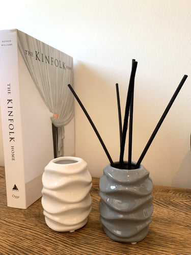 A gloss reed diffuser vessel in grey or white with a wave design around the edge. 
