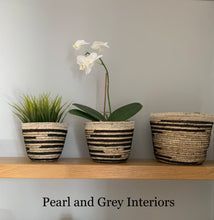 Load image into Gallery viewer, styled on a shelf 3 woven baskets 3 different sizes. the baskets are natural coloured with a black stripe. the middle one has a white orchid in it and 1one with a short faux grass plant 

