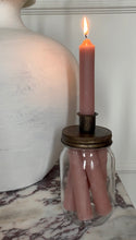 Load image into Gallery viewer, rustic glass candle jar with storage for candles, rustic bonze coloured lid to hold a candle when in use. Candle holder come with 5 beautiful rose coloured candles 

