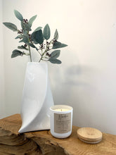 Load image into Gallery viewer, Nordic white Candle Jar and contemporary curved shite vase styled on top of a large piece of sculptured wood.
