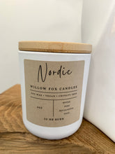 Load image into Gallery viewer, Nordic Candle Jar styled on top of a large piece of sculptured wood.
